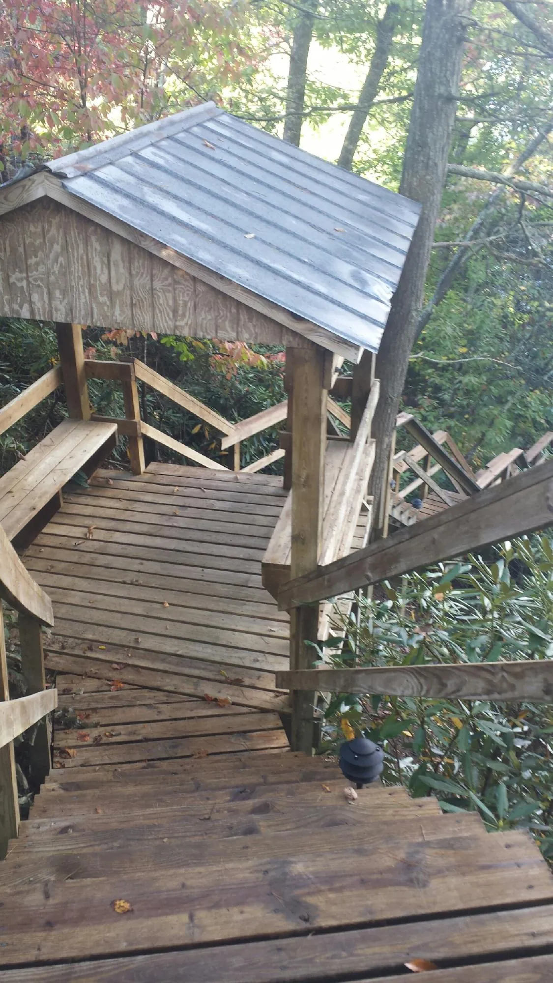 Metal roofed shelter over wooden steps on a wooded walkway — Skylight Repair & Installation work by our crew in Neeses